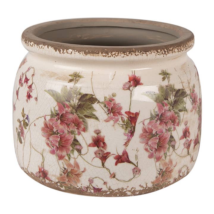 Clayre & Eef - Wholesale Plant Pot - 6CE1628L Planter Ø 20x15 cm Beige Pink Ceramic Flowers