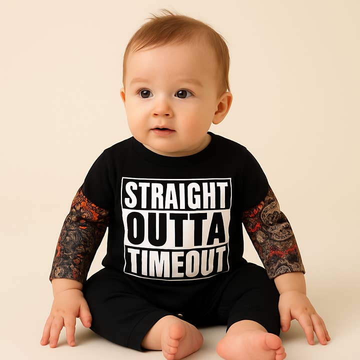 Black Straight Outta Timeout Tattoo Sleeve Baby Romper for wholesale by Fennco Styles