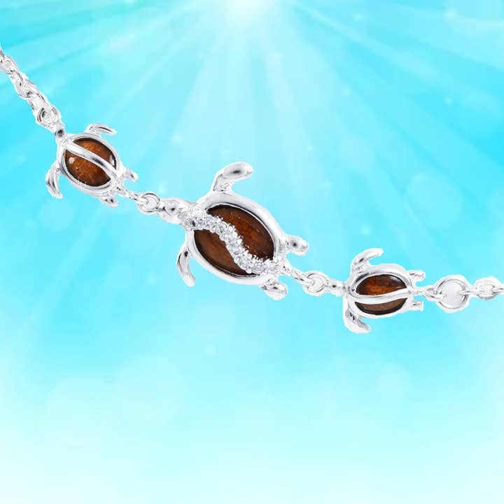 Bracelet de cheville réglable en bois de koa hawaïen authentique avec tortue de mer, bracelet de cheville en argent sterling avec tortue de mer en bois de koa et zircon cubique, cadeau de Noël ou d'anniversaire pour maman. pour la vente par Paradise Treasures Jewelry