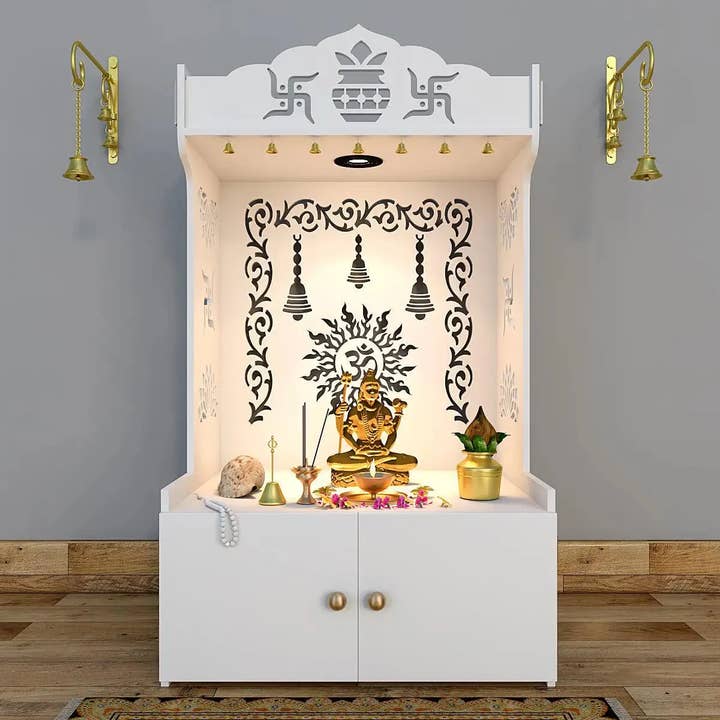Aesthetic White Wooden Temple with Shelf & Inbuilt Light for wholesale by GoGlocal