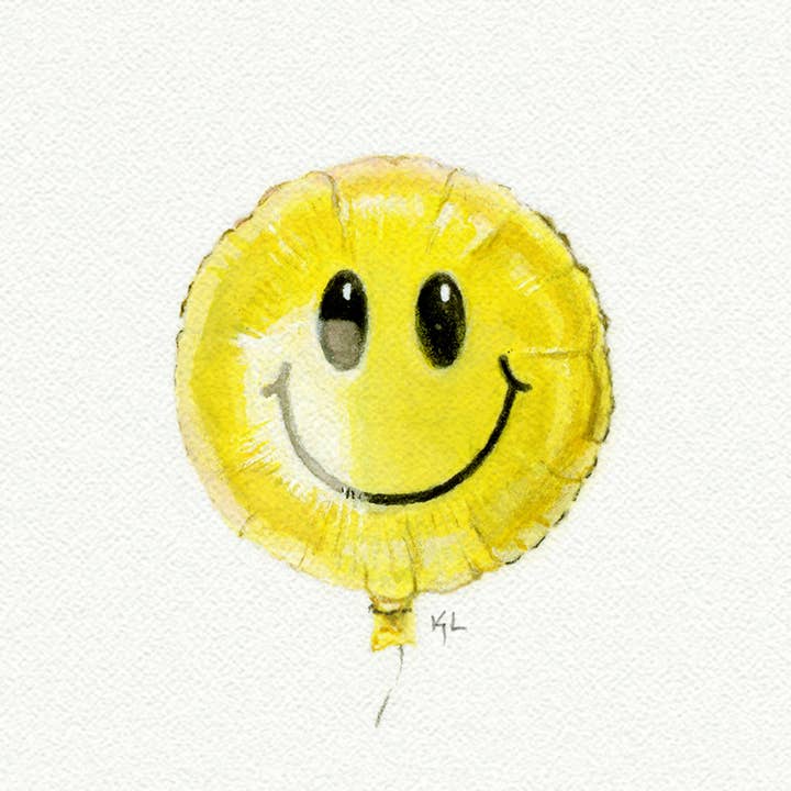 Miniatur-Aquarellgemälde aus Mylar-Ballon mit Smiley-Gesicht — Kunstdruck für den Großhandel von Karen Libecap Tiny Paintings