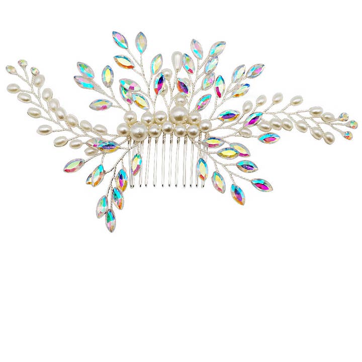 Pearl Crystal Leaf Decor Tiara Hair Comb CO1113-58 (1pc) for wholesale by TAPA fashion