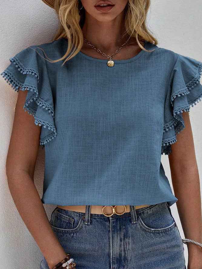 Comely Fashion - Wholesale Blouse - Women's - Plain Ruffle Sleeves Crew Neck Top