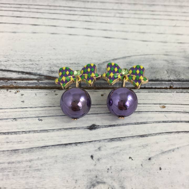Mardi Gras bow and bead earrings for wholesale by SongLily