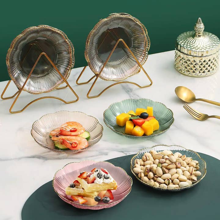 4st Set Flower Shape Snack Plate med rack för wholesale av Homerely (We Cover All Import Duties)