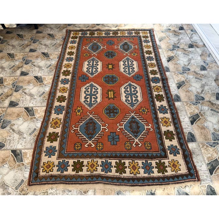 Vintage Oushak Wool Rug - Geometric Tribal 4x7 ft for wholesale by Oushak Rugs