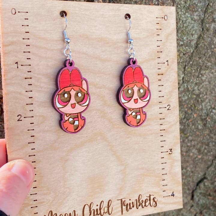 Moon Child Trinkets - Wholesale Dangle Earrings - Powerpuff Girls Blossom Hand Painted Wood Dangle Earrings1