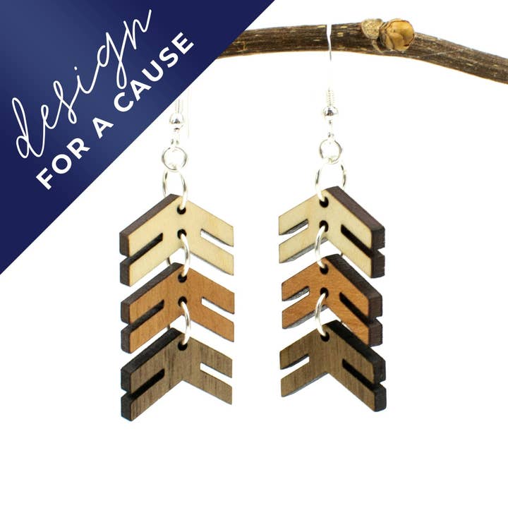 Three Arrows Three-Tone Wood Dangle Earrings for Down Syndrome Support for wholesale by Inspired Indigo