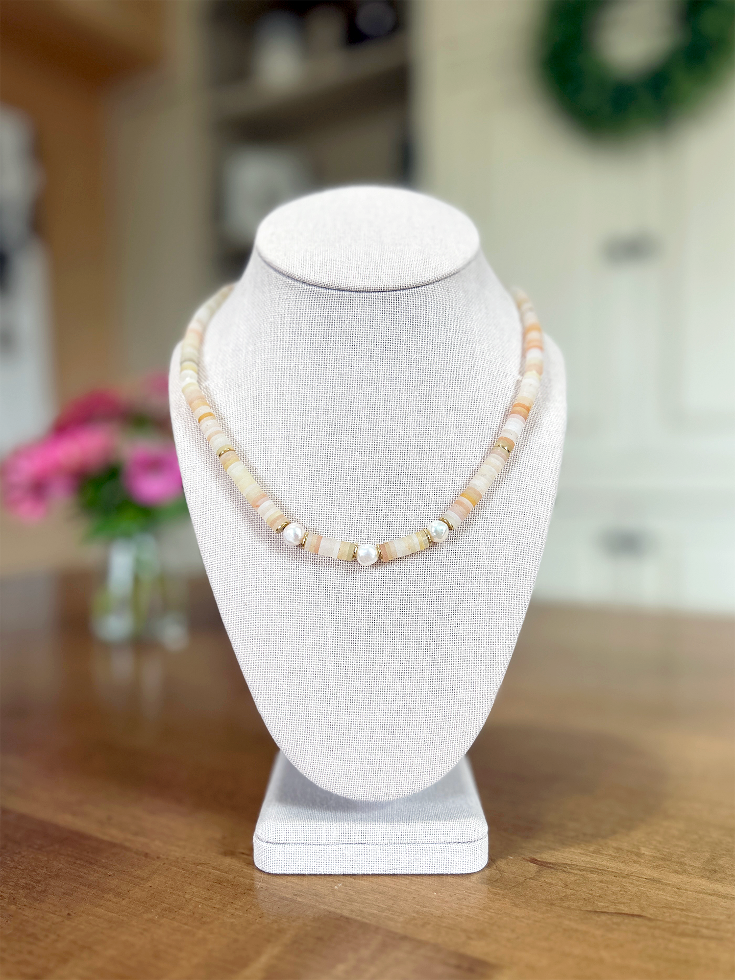 Kaylie Dawn Jewelry - Wholesale Beaded/Pearl Necklace - Madaket Handmade Heishi Gemstone & Pearl Necklace - 5 Colors4