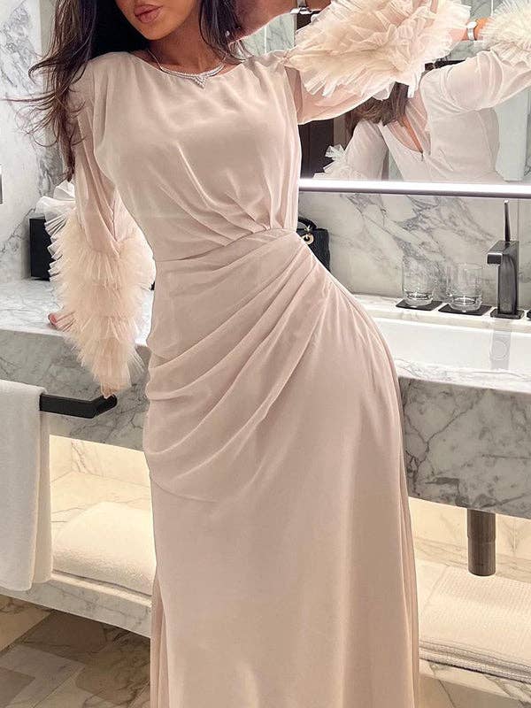 Plush Looks – wholesale Dress – Women's – Pleated Tie-Waist Flared Sleeve Maxi Dress11