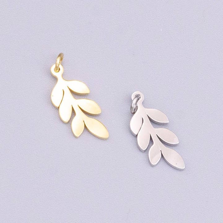 Pendentif Feuille de Feuillage d'Olivier en Acier Inoxydable 13mm Nature en Or & Argent | P-916 pour la vente par Aim Eternal