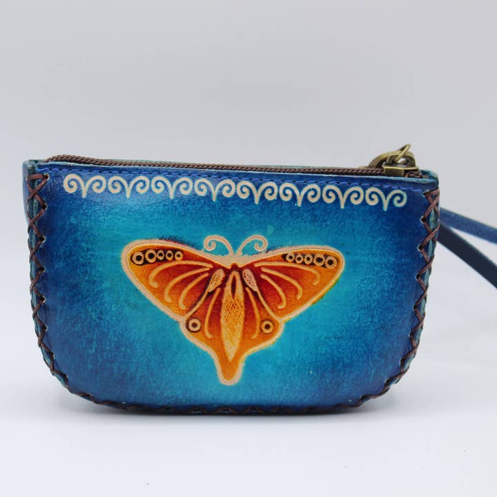 Handmade Leather Butterfly Wristlet - 701 coin purse wallet and floral for wholesale by Sunflower Handmade leather inc