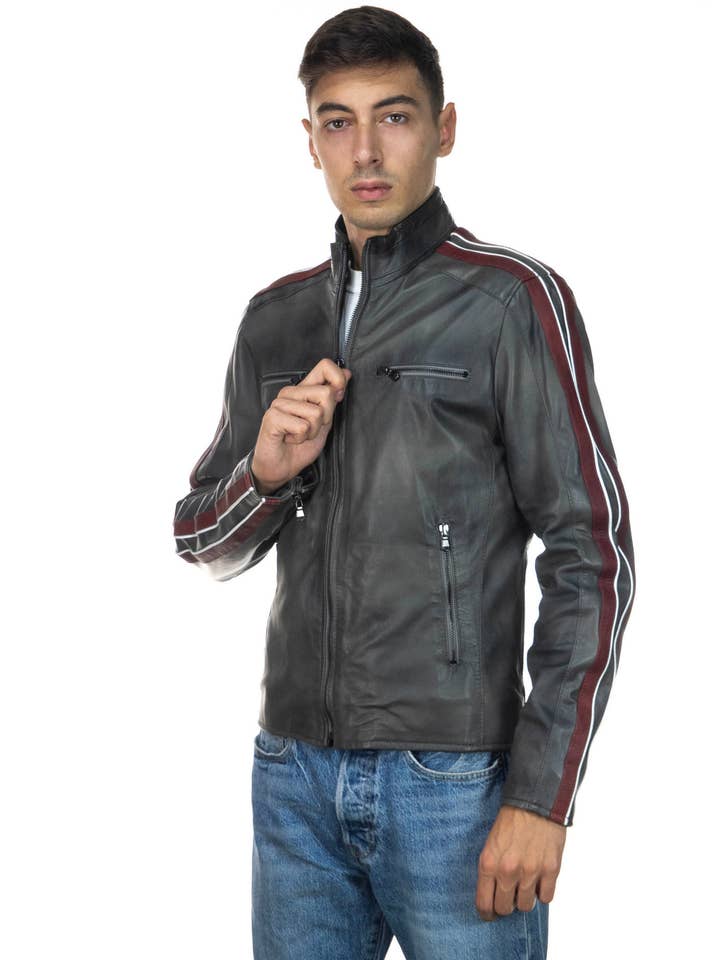 Biker - Biker gris pour homme en cuir de vache pour la vente par Michelangelo srls
