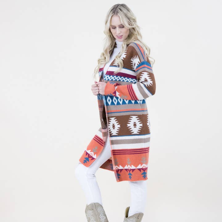 RUST TRIBAL SECTIONAL BLOCK PATTERN CARDIGAN FP64112 (6PC) for wholesale on Faire