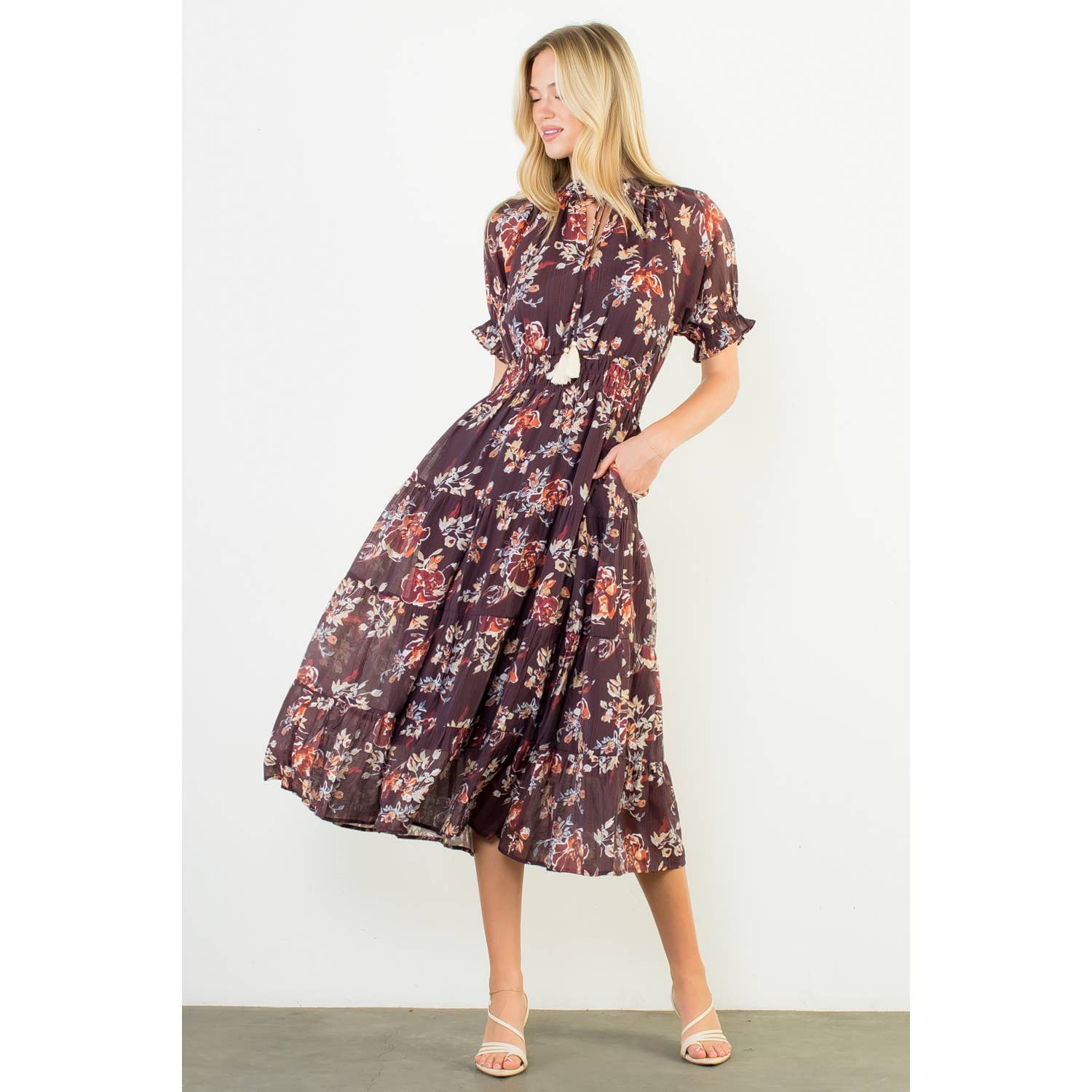 BURGUNDY Short Sleeve Floral Maxi Dress for wholesale on Faire6