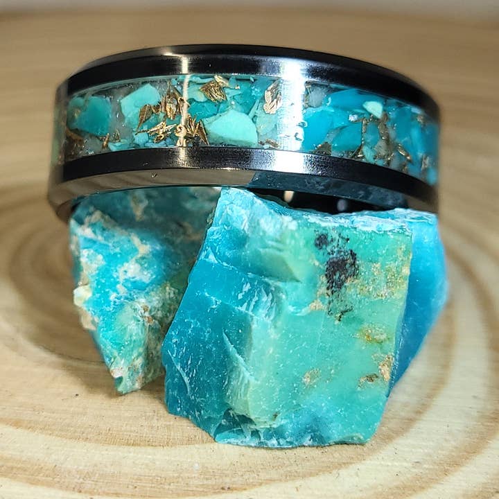 Black Ceramic Inlay ring with Turquoise and Bronze Shavings for wholesale by Natural Evolution Design