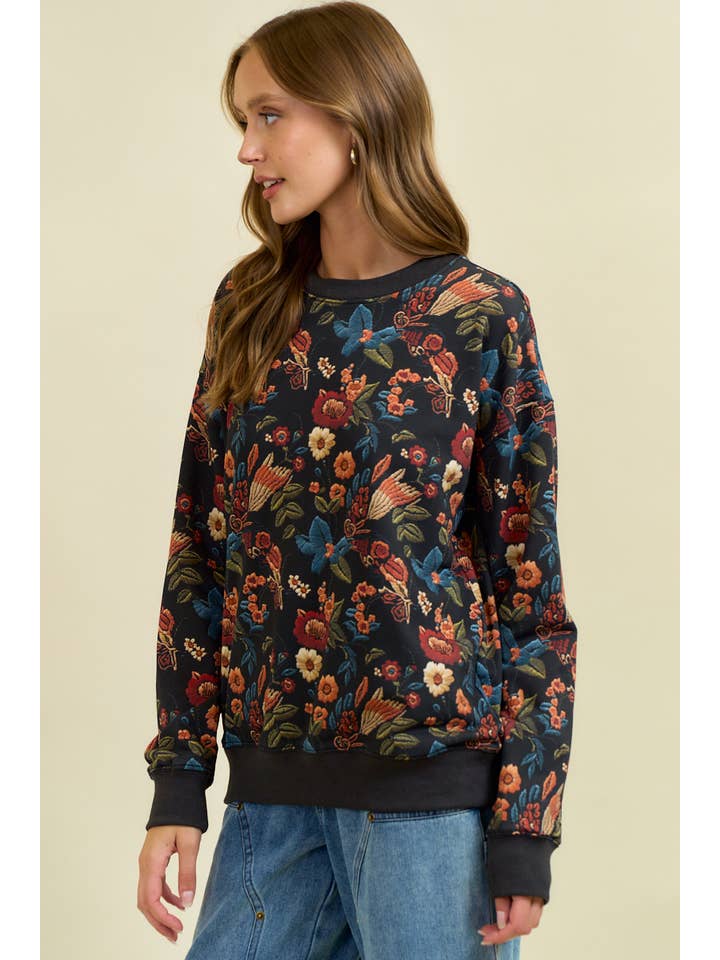 Doe and Rae - Wholesale Sweatshirt - Women's - FLORAL PRINT DROP SHOULDER PULL-OVER TOP - 45256T2