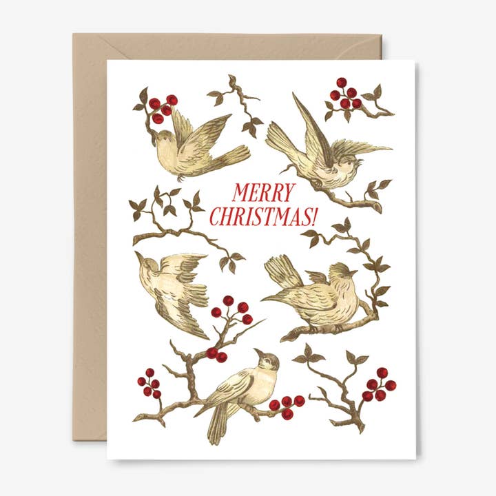 Merry Christmas Birds | Holiday Card | Vintage Art for wholesale by Hemlock House Studio