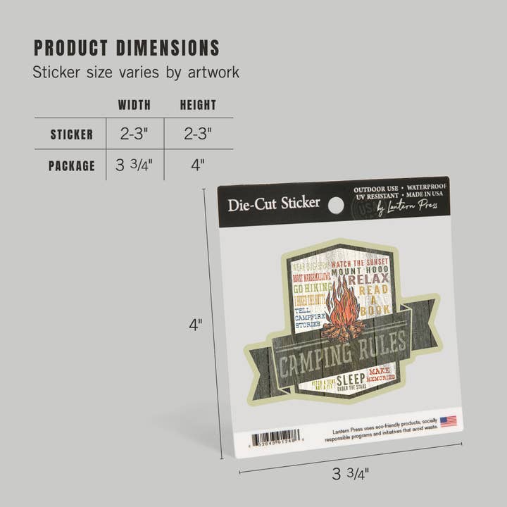 Lantern Press - Wholesale Sticker - Vinyl Sticker Camping Rules, Typography4