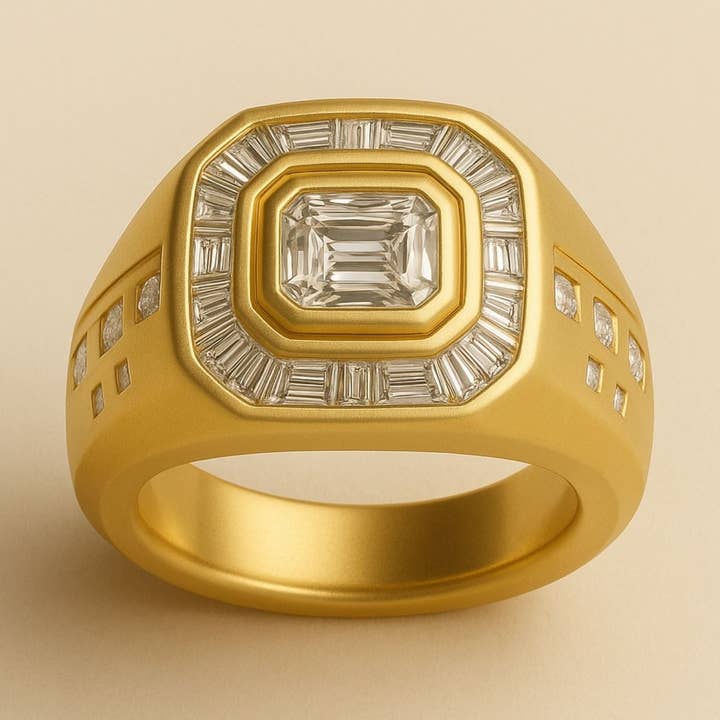 Facet “Portal” Ring in 18k Gold with Emerald-Cut Diamond and Baguette Halo (Copy) for wholesale by Lily flo jewellery