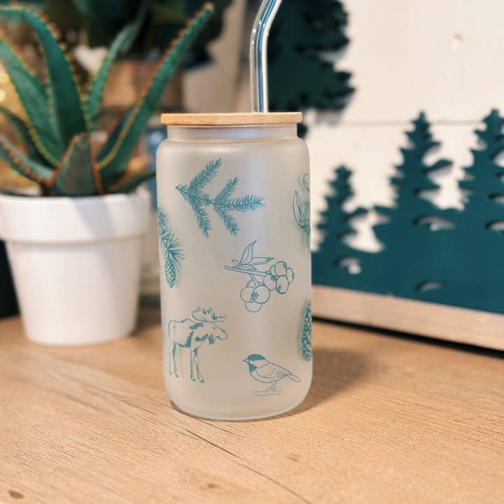 Reclaimed Maine Co. - Wholesale Drinking Glass/Cup - Best of Maine Frosted Can Glasses With Lid + Glass Straw