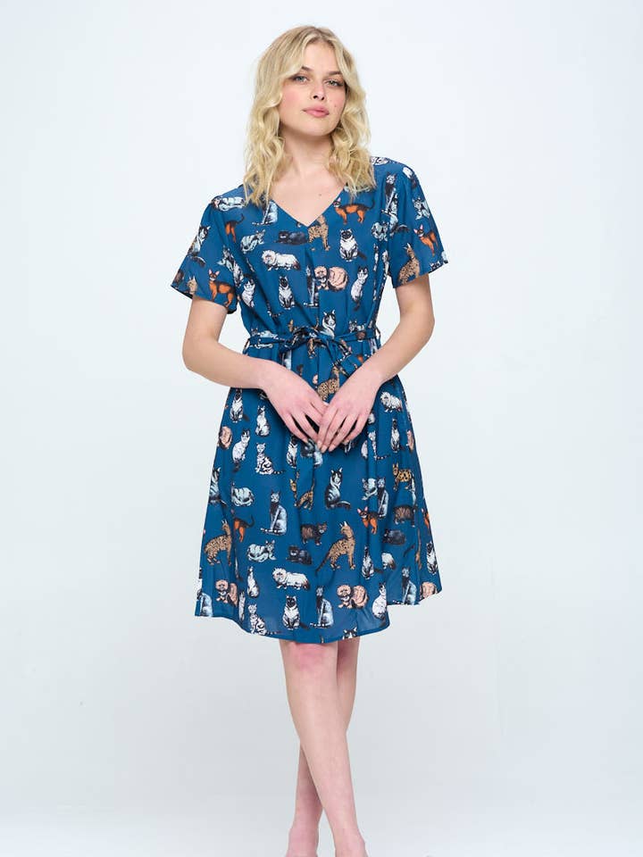 SM WARDROBE - Wholesale Dress - Women's - ALL OVER CAT PRINT BLUE DRESS WITH POCKET