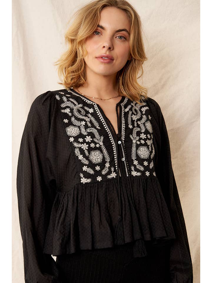 En Crème - Wholesale Blouse - Women's - Long Sleeve Peplum Top with Embroidery Detail2