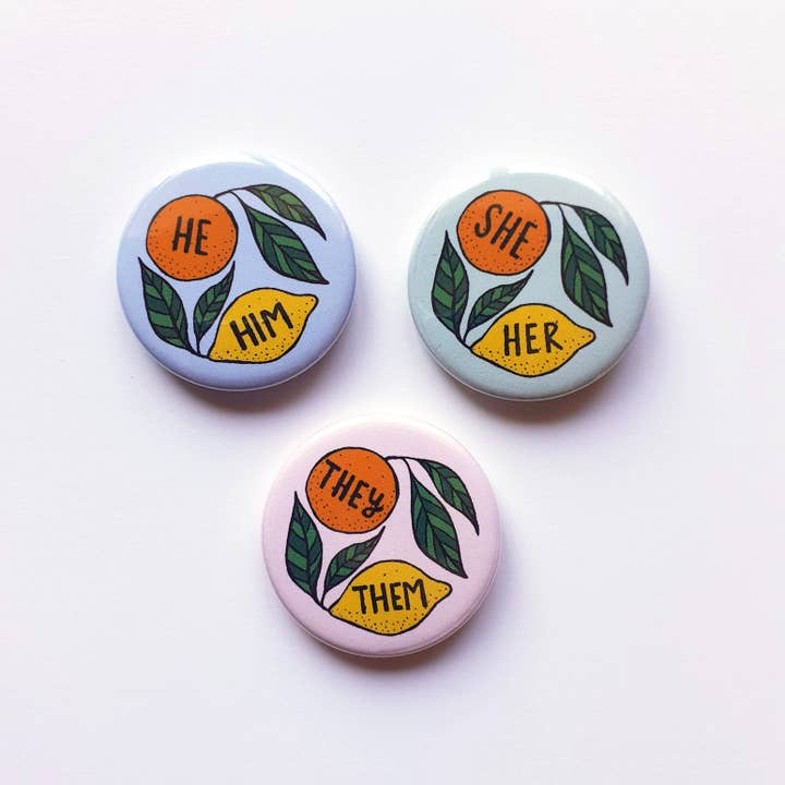 O What A Feeling | Textile & Paper Goods Co. - Wholesale Lapel Pin/Button - Mini 25mm Citrus Pronoun Pin Badges on Cute Display Card