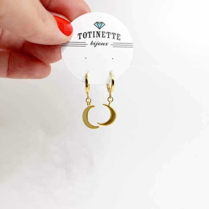 Crescent Moon Huggie Hoops - Gold or - Gold or Silver for wholesale by Totinette bijoux