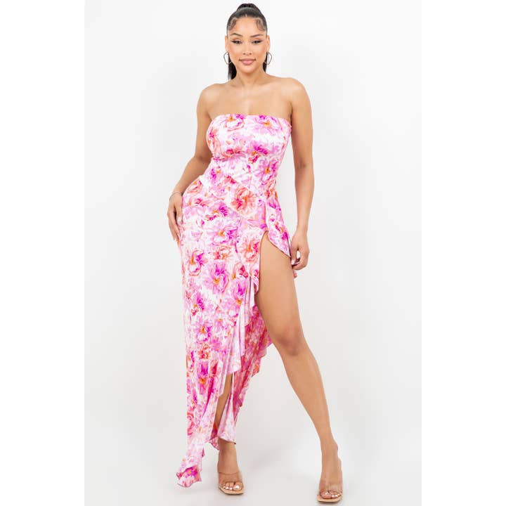 D14306 Maxi jurk zonder bandjes met ruches en hoge split voor wholesale door Uptown Apparel