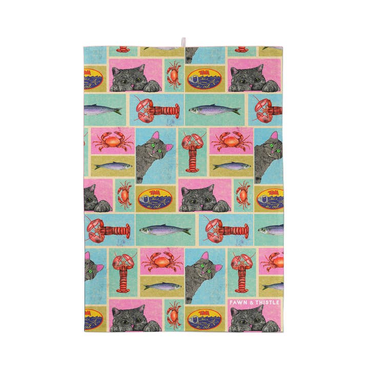 Cat's Kitchen Tea Towel | 100% Cotton Dish Towel | Sardines and other Purchase Wholesale cat food tins. Free Returns & Net 60 Terms on Faire trending on Faire.