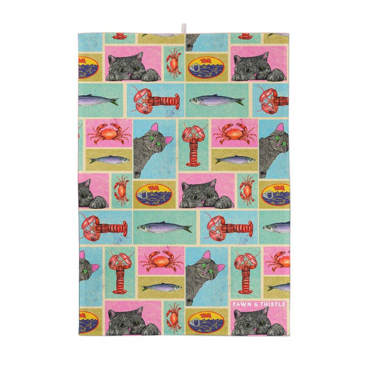 Cat's Kitchen Tea Towel | 100% Cotton Dish Towel | Sardines for wholesale by Fawn & Thistle Ltd (US Duties Paid)