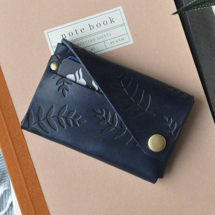 Navy Botanical Veg Tan Leather Wallet for wholesale by Wild Origin