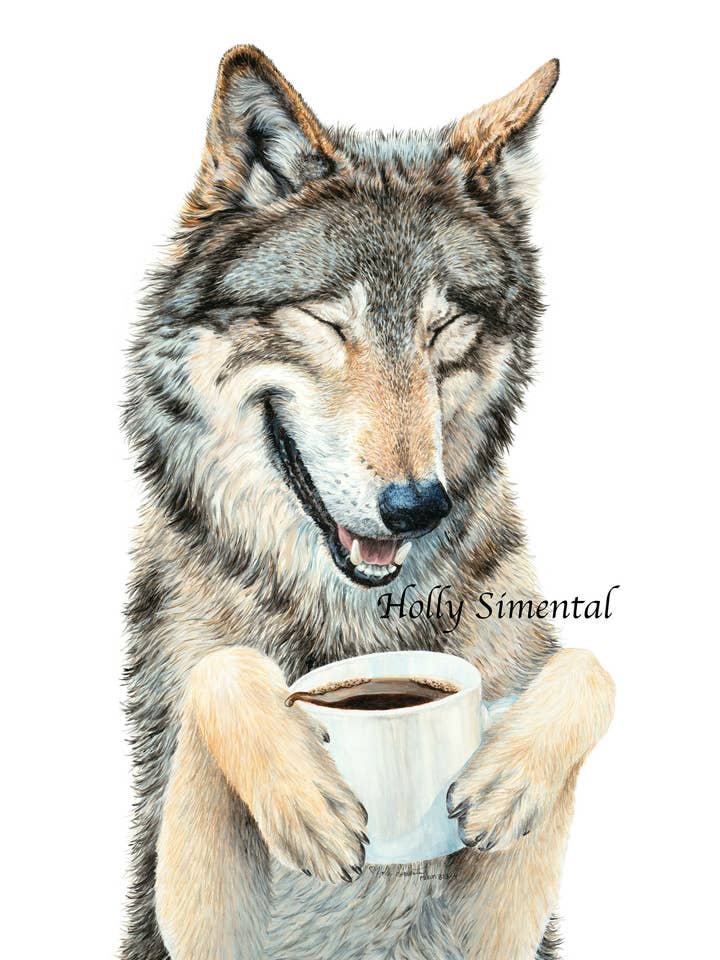 Coffee in the Moonlight Wolf Poster by Holly Simental for wholesale by Holly Simental