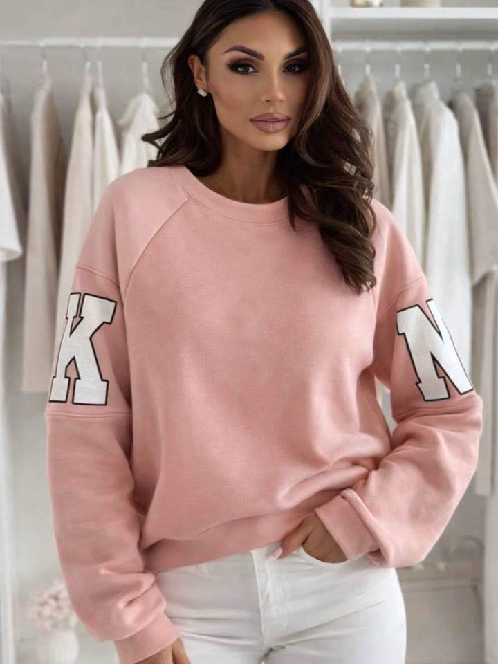 Amber ‘RKNE’ Oversized Raglan Letter Sleeve Sweatshirt Top-Pink for wholesale by Catwalk Wholesale