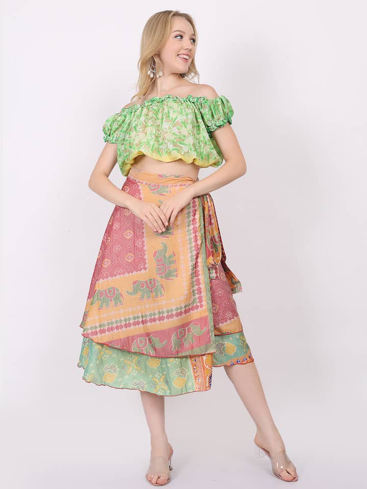 Wevez - Wholesale Skirt – Women’s - Women's Two Layer Vintage Sari Fabric Magic Skirt Mix Lot0