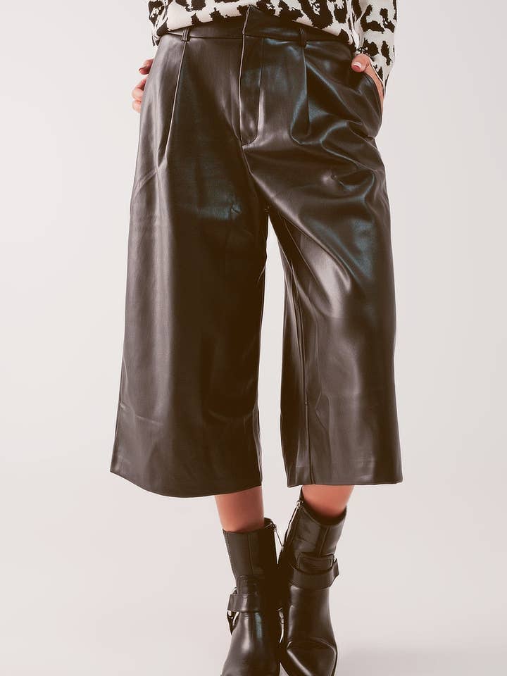 Faux leather wide leg culotte in black for wholesale on Faire