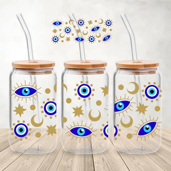 Involucri per lattine di vetro Blue Evil Eye da 16 once per la vendita all'ingrosso da parte di Luxe Gifts and Accesories