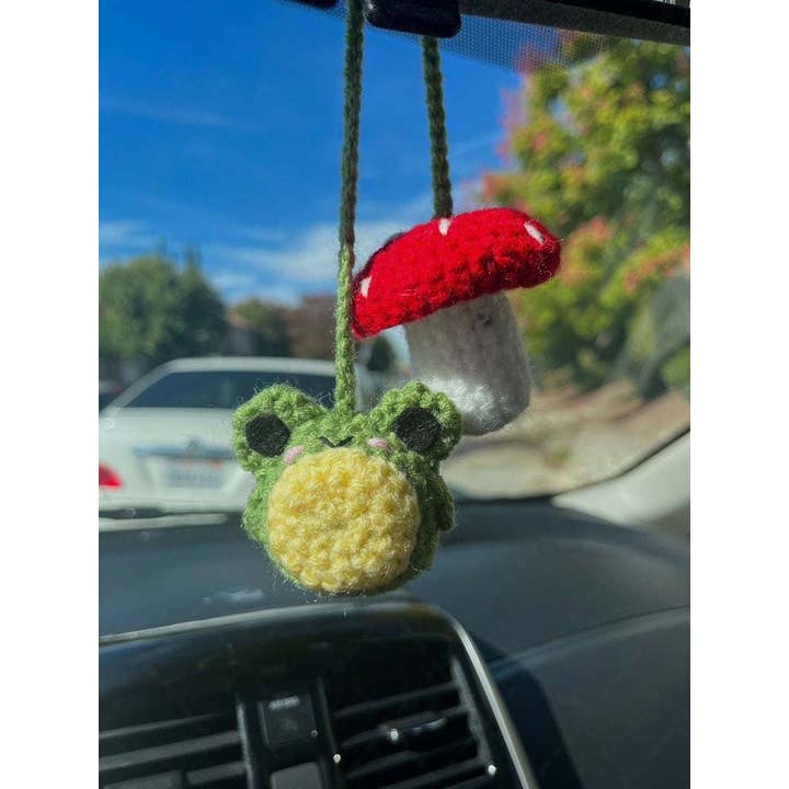 Crochet Mushroom and Frog Car Mirror Hanging Accessories for wholesale by TOMOPOD LLC