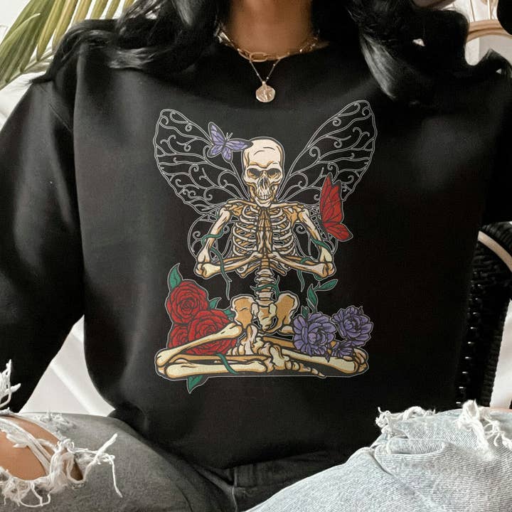 Skeleton Meditating With Butterfly Flower Tattoo Sweatshirt for wholesale by PositiveParty