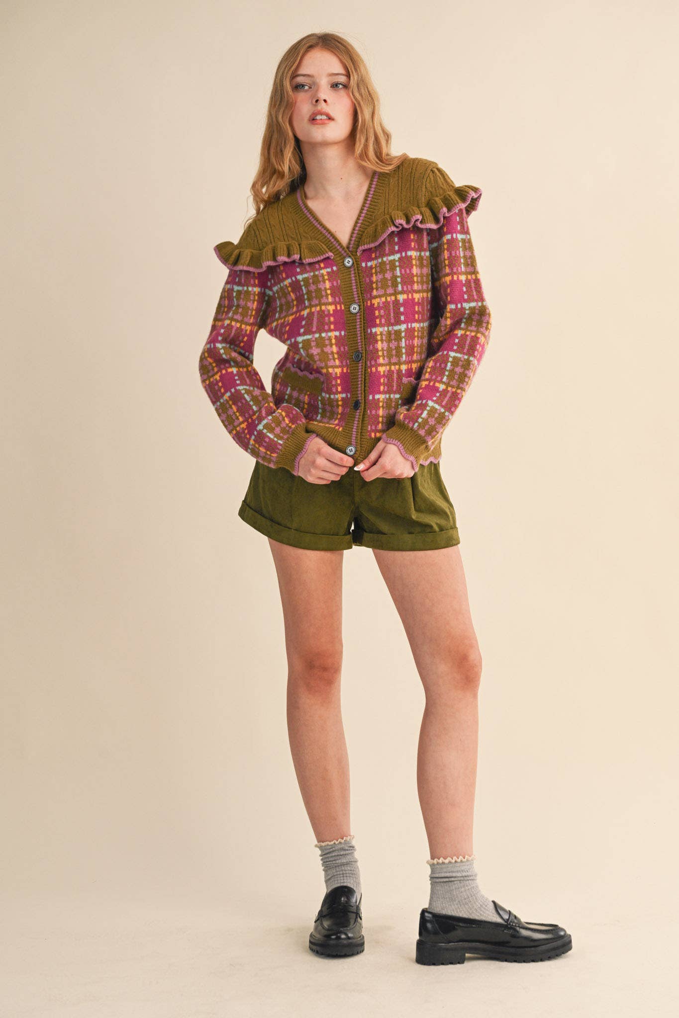 &MERCI - Wholesale Cardigan - Women's - RUFFLED YOKE PLAID SWEATER CARDIGAN MSW1118536