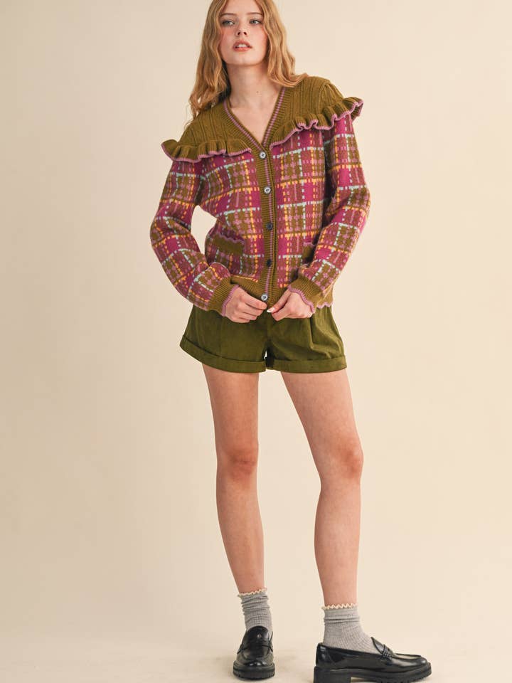 &MERCI - Wholesale Cardigan - Women's - RUFFLED YOKE PLAID SWEATER CARDIGAN MSW1118536