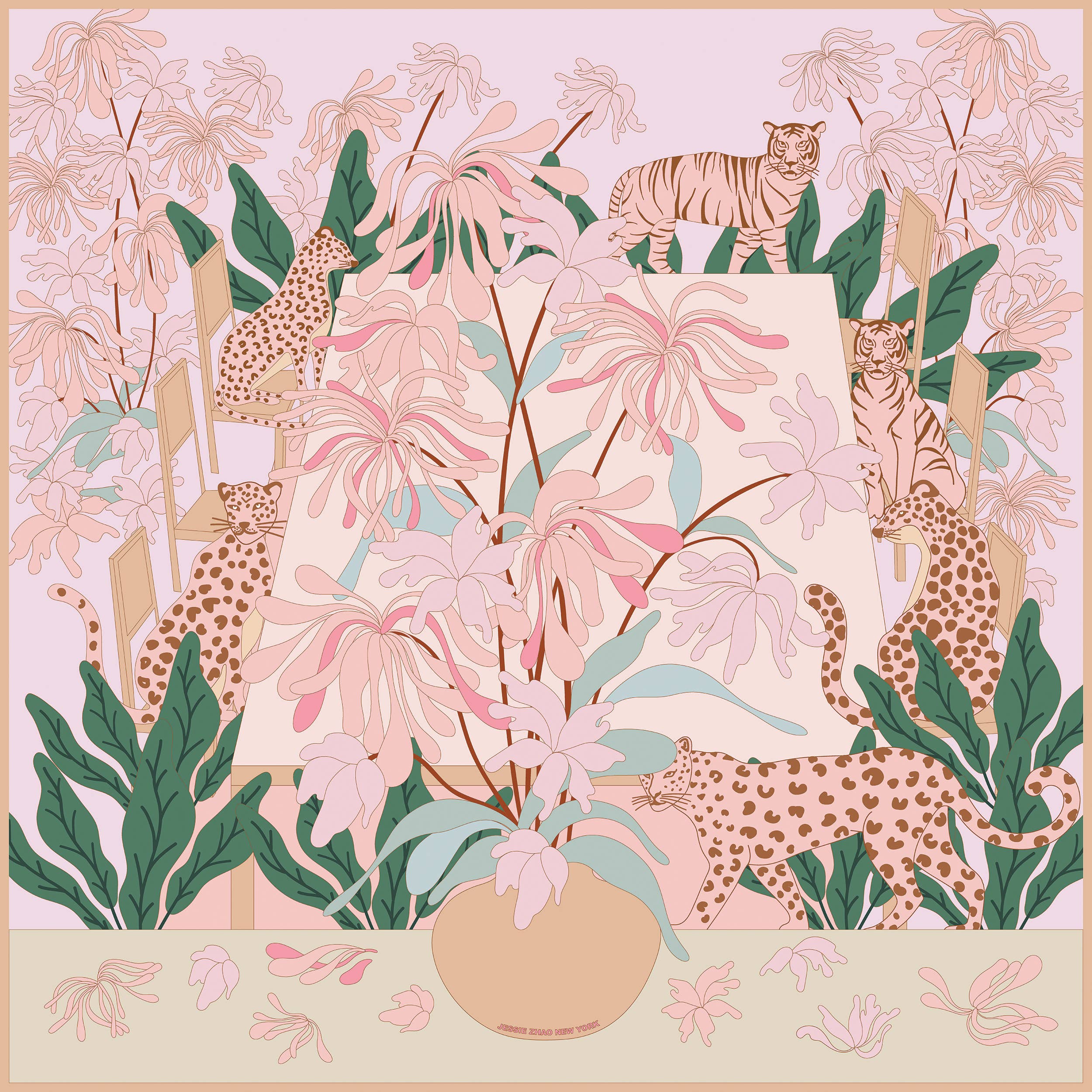 Jessie Zhao New York – wholesale Scarf – Women's – Double Sided Silk Scarf Of Jungle Gathering1