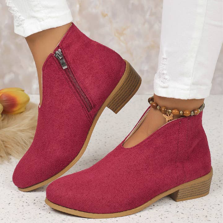 Serene Couture – Großhandel Stiefeletten – Damen – Herbst Winter Leopard Wurzel Stiefeletten Seitlicher Reißverschluss Runde Zehe V-Ausschnitt Wildleder Knöchelstiefel Damen