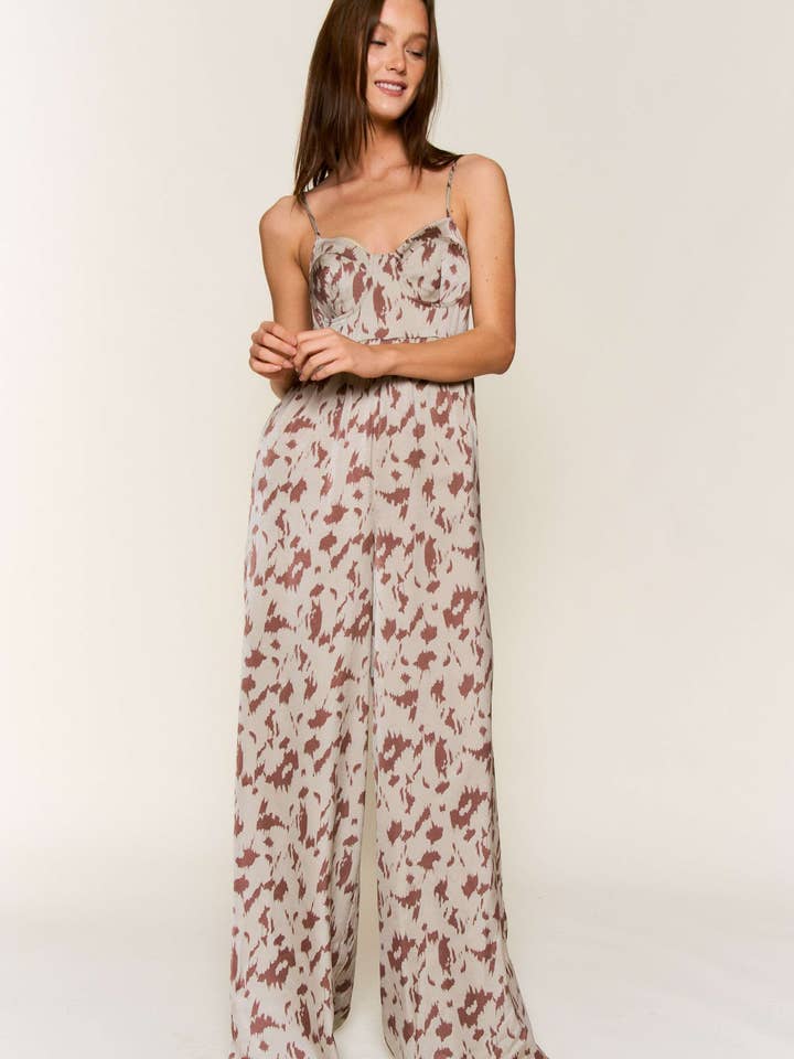 OLIVE BROWN ANIMAL PRINT SPAGHETTI STRAP TIE BACK JUMPSUIT for wholesale on Faire