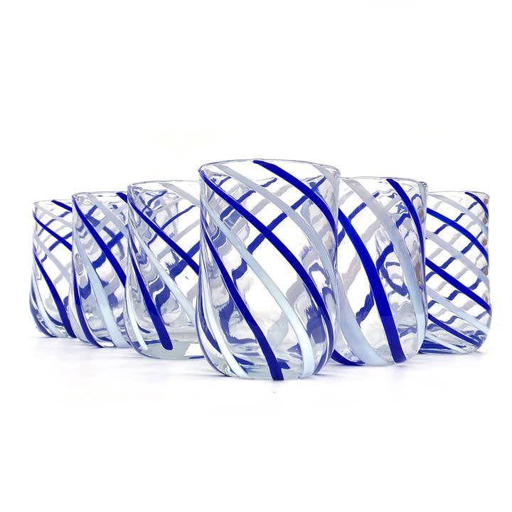 Mazzega Art & Design - Wholesale Drinking Glass/Cup - 6 Hand-Blown and Handcrafted Cylinder Glasses with Murano Sticks - The Colors of Murano - CILINDRO SPIRAL 350 ml.