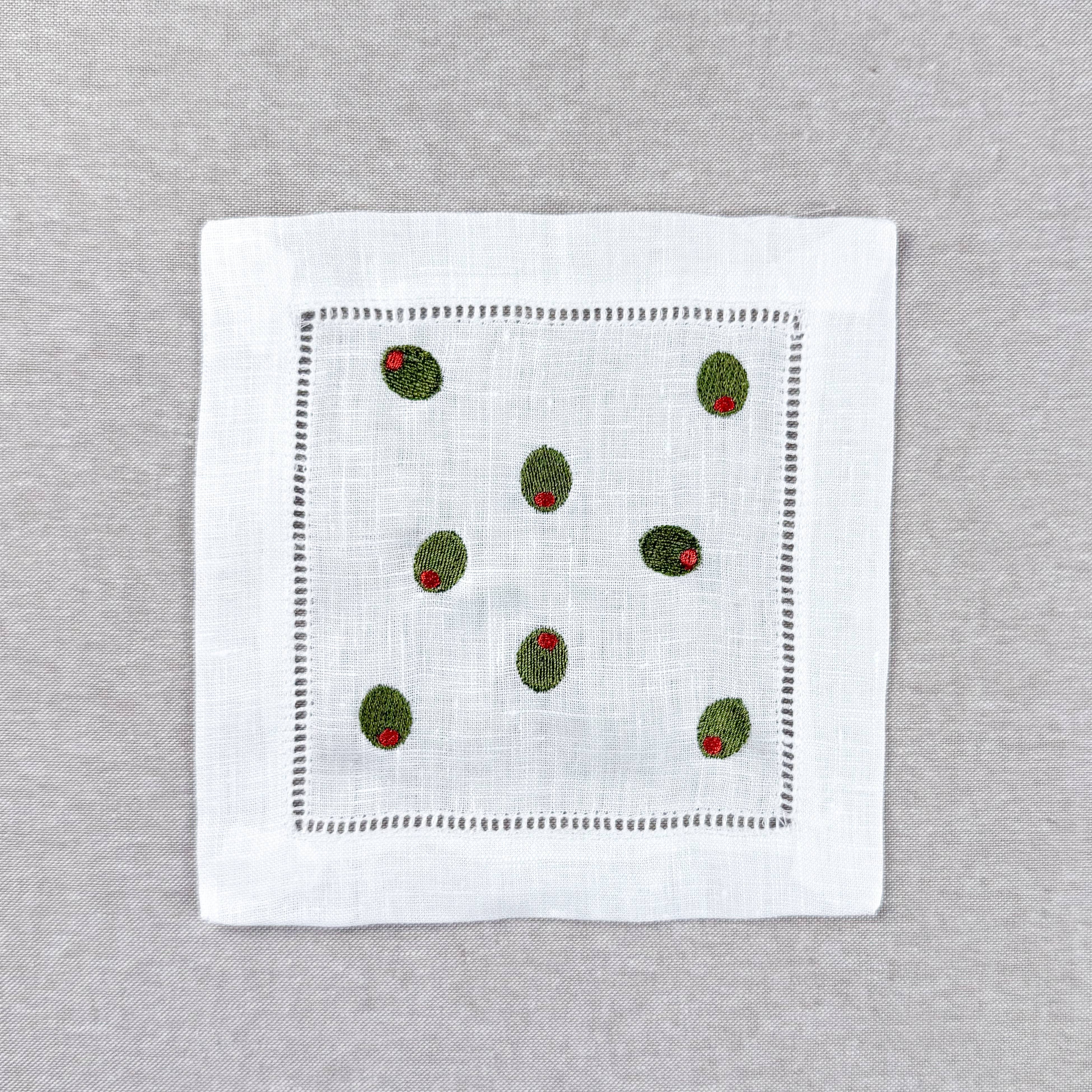 Casey Jo Paper Co. - Wholesale Dinner & Cloth Napkin - Olive Martini Embroidered Cocktail Napkin Set4