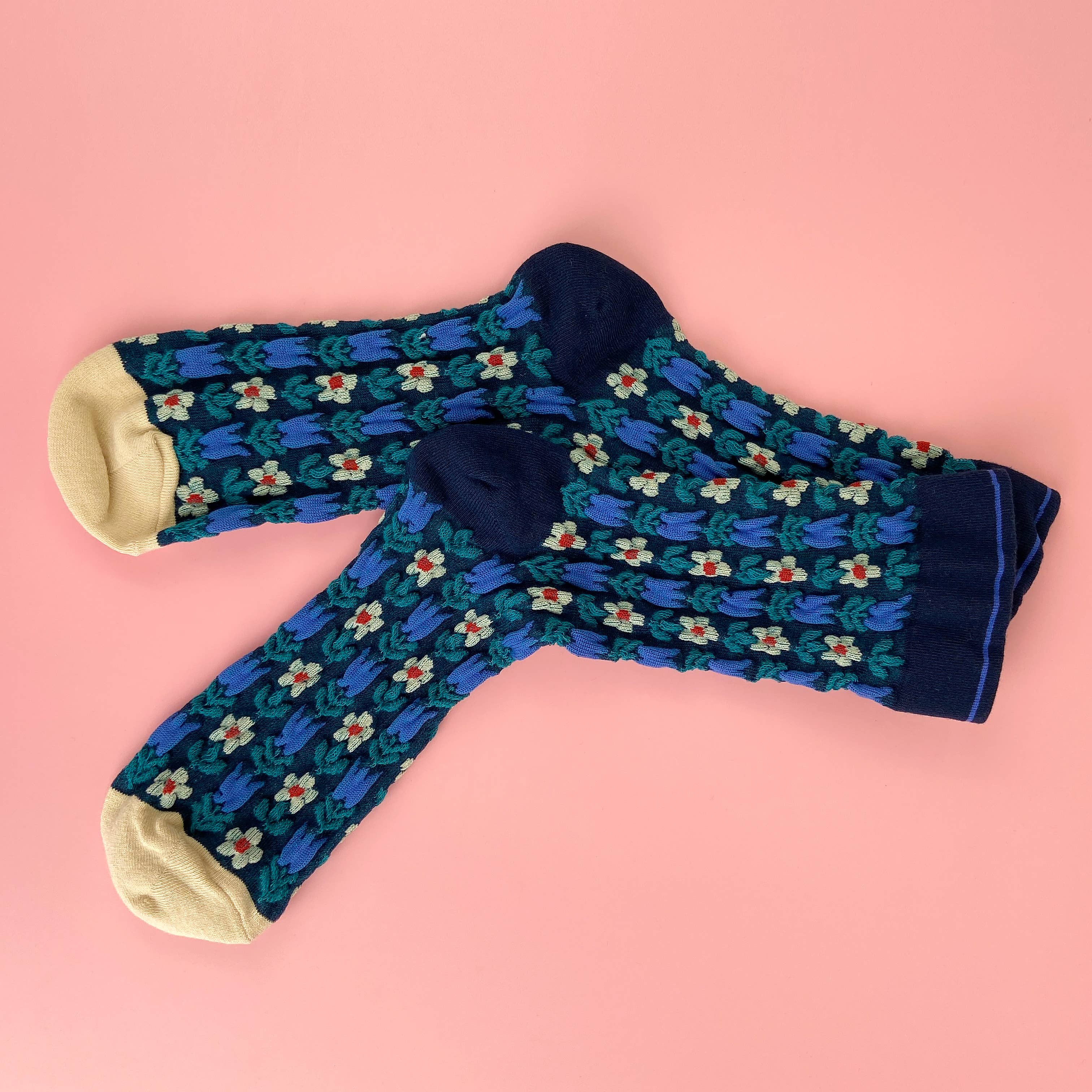 mildstyles – wholesale Socks – Unisex – Navy Blue Embossed Floret Plant Long Socks1