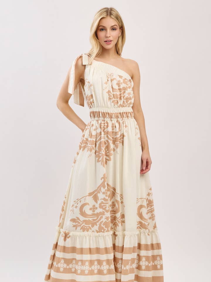 Boarder Damask Print One-Shoulder Maxi Dress HD3187-TAUPE for wholesale by B I G H I T Fashion