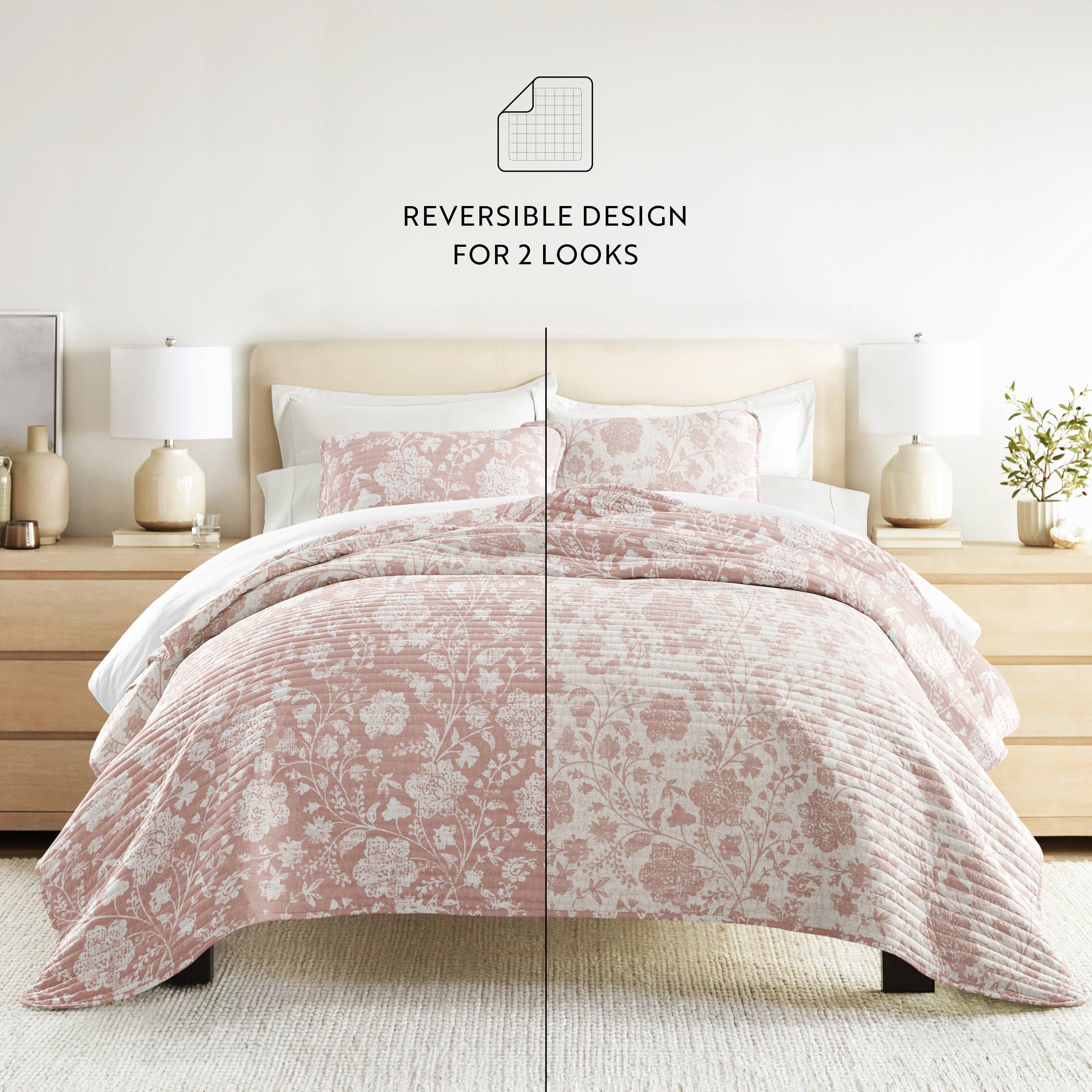 ienjoy Home - Vente Courtepointe - Ensemble de couette réversible à motifs floraux texturés toutes saisons8
